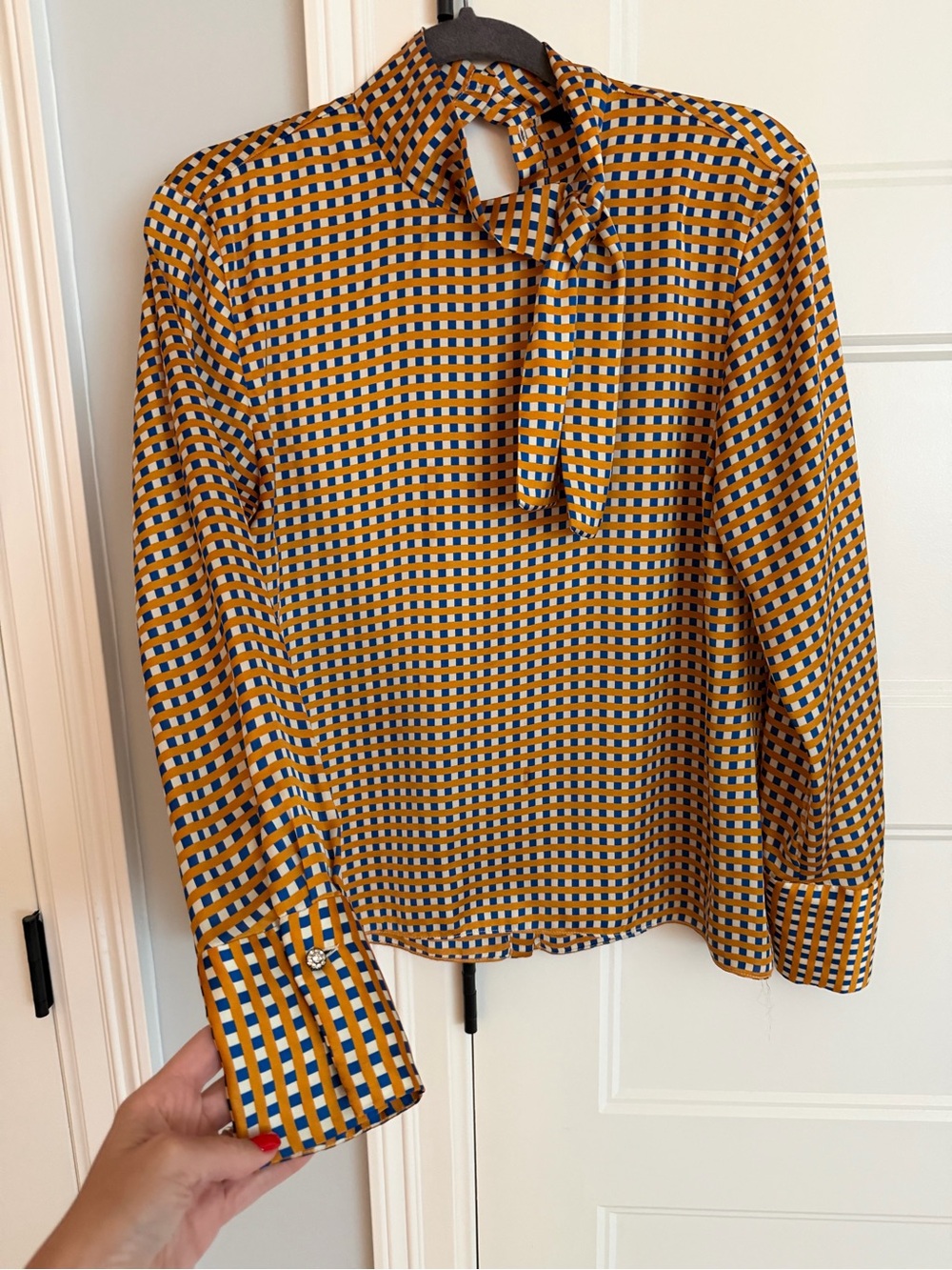 Zara Top- Tie-Neck Geometric Print Blouse - Yellow & Blue